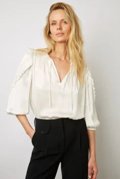 Blouse En Satin A Volants Blanc - Alexia