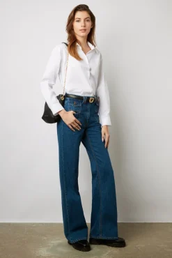 Jean Flare Taille Haute Marine - Anna