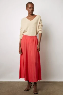Jupe Midi En Satin Plisse Corail - Denisa