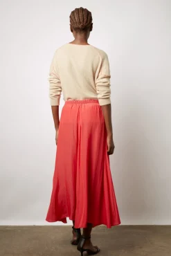 Jupe Midi En Satin Plisse Corail - Denisa