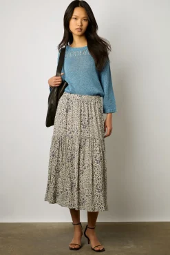 Jupe Midi Evasee A Fleurs Ecru - Destiny