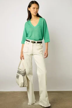 Pull Col V En Lin Emeraude - Lee