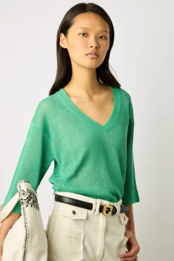 Pull Col V En Lin Emeraude - Lee