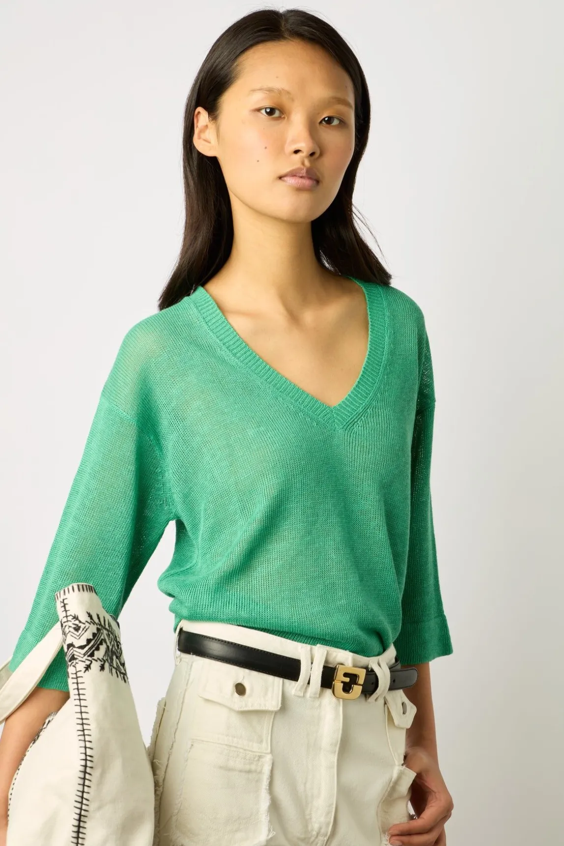 Pull Col V En Lin Emeraude - Lee