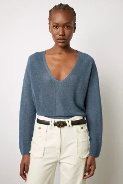 Pull V En Maille Fine Jeans - Lorelie