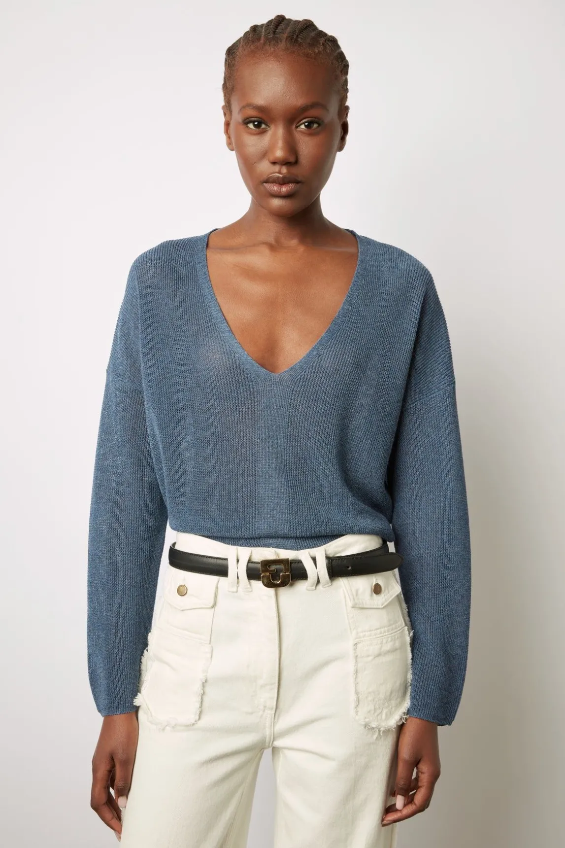 Pull V En Maille Fine Jeans - Lorelie