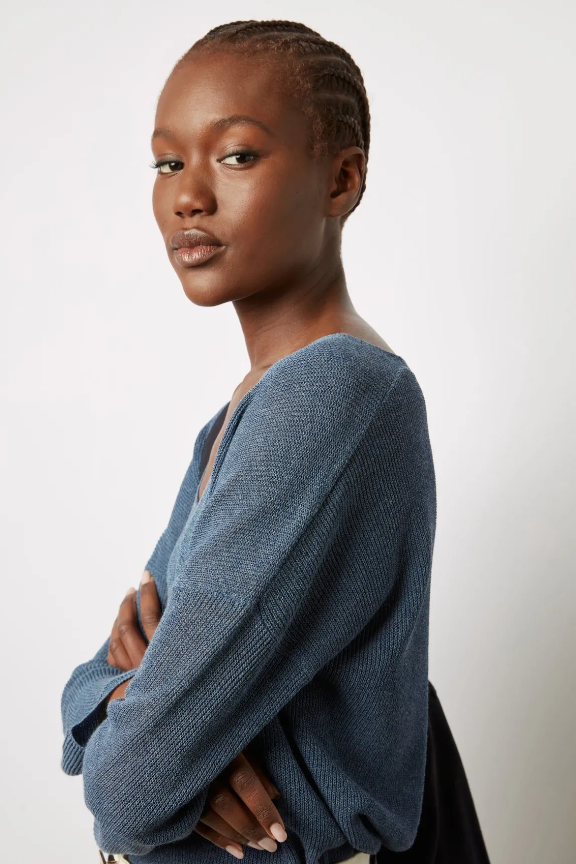 Pull V En Maille Fine Jeans - Lorelie
