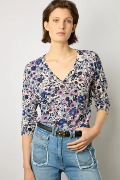 Pull V Fleurs Lin Et Coton Naturel - Lylou