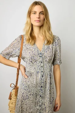 Robe Cintree A Fleurs Lurex Ecru - Elichevy