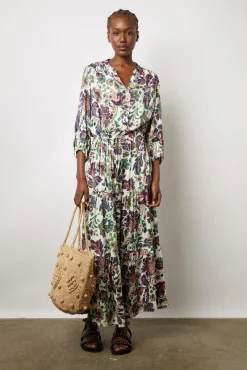 Robe Longue Cintree A Fleurs Ecru - Elycia