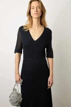 Robe Midi En Maille Ajouree Marine - Emi