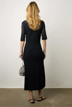 Robe Midi En Maille Ajouree Marine - Emi