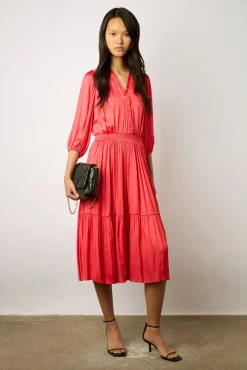 Robe Midi En Satin A Volants Corail - Endy