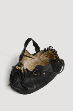 Sac A Main En Cuir Graine Noir/Or - 24H