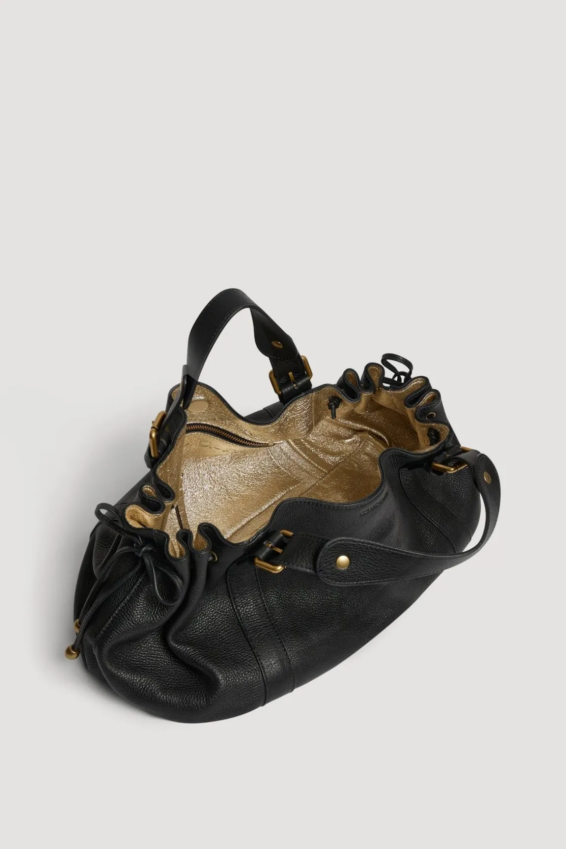 Sac A Main En Cuir Graine Noir/Or - 24H