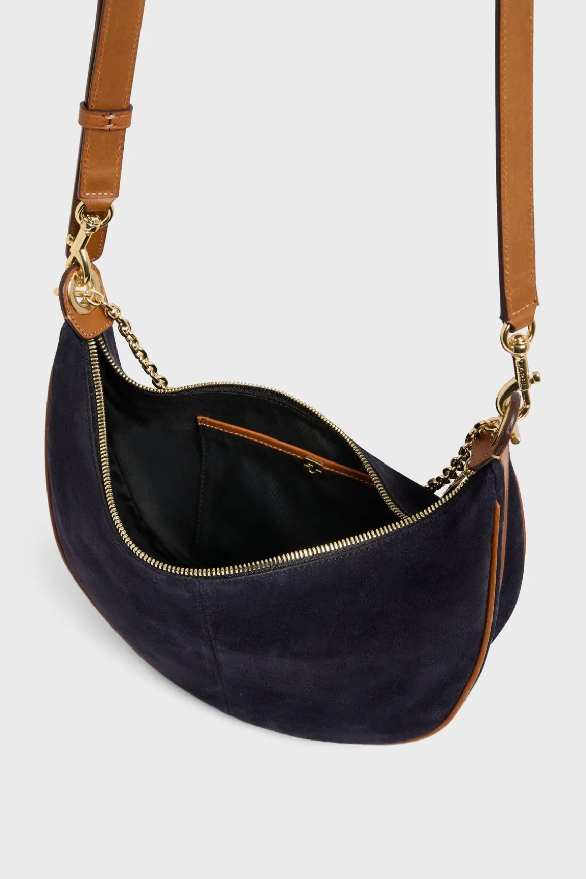 Sac Demi-Lune En Cuir Velours Bleu - Suzanne