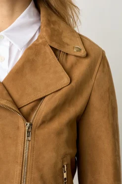Veste Biker En Cuir Velours Caramel - Maud