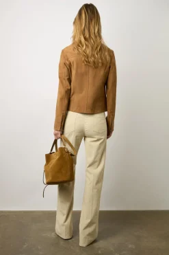 Veste Biker En Cuir Velours Caramel - Maud