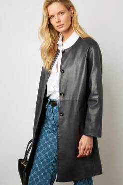 Veste Longue En Cuir Marine - Jemima