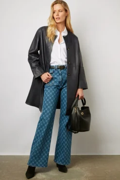 Veste Longue En Cuir Marine - Jemima